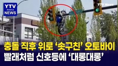 신호등에 빨래처럼 걸린 오토바이 ... 캐나다, 기상천외한 사고 장면 포착